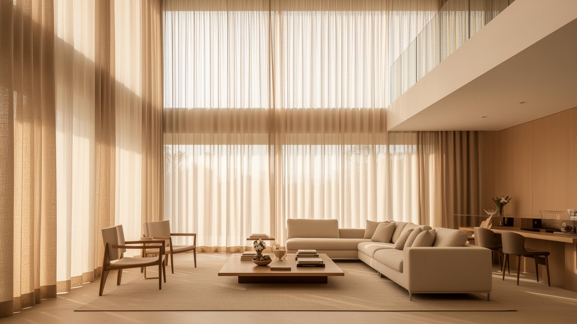 Sala de alto padrão com cortinas de tecido leve do teto ao piso