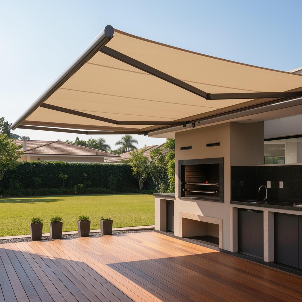 Toldo sobre área gourmet com churrasqueira